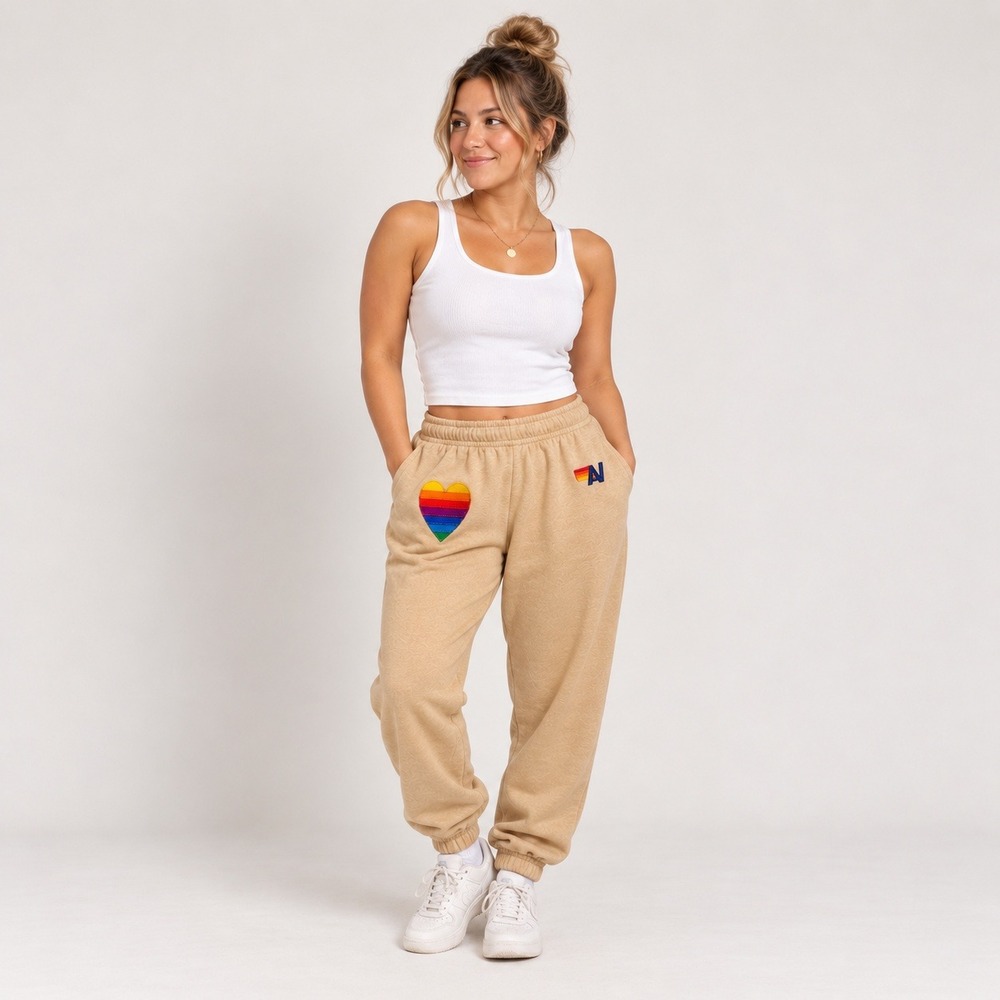 Aviator Nation Women Tan Rainbow Heart Logo Sweatpants Joggers XS Made in USA